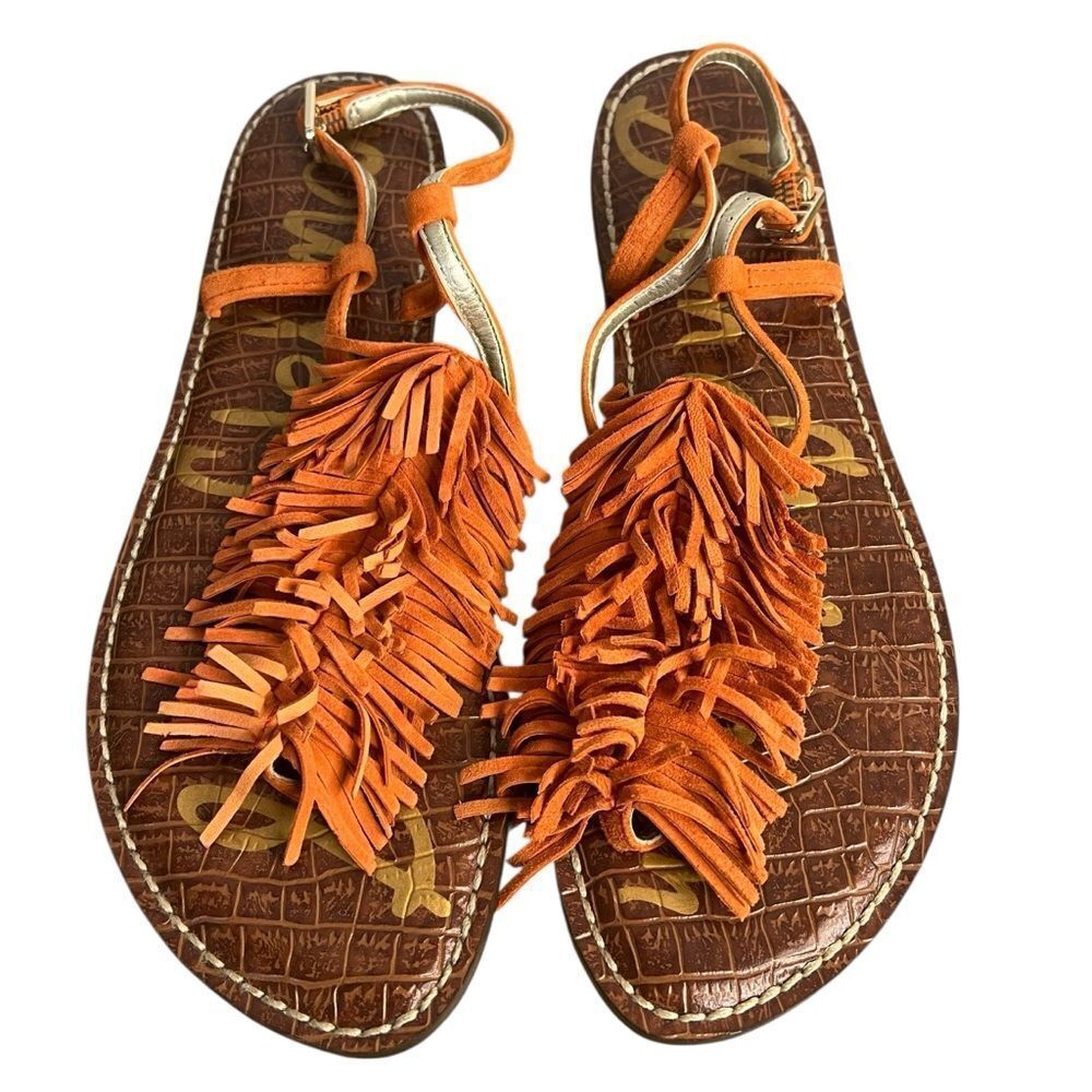 Sam Edelman Gela Fringe Sandals size 8.5M Orange Suede Flat T-Strap Boho Shoes